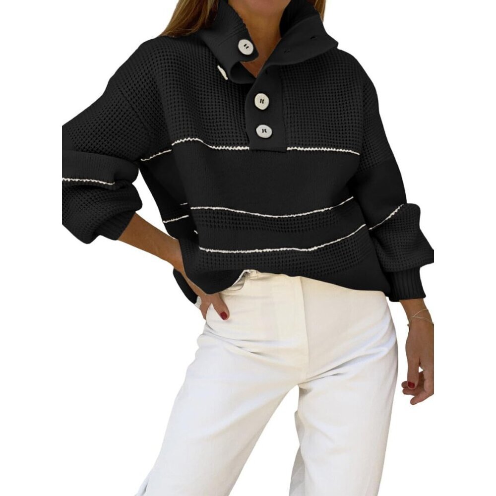Women's Waffle Knit Sweater Oversized Striped Pullover Turtleneck Casual - Picture 3 of 6